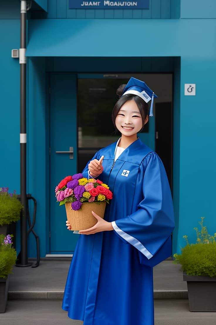  masterpiece, best quality, 4d woman wearing a graduation gown and hat with her hair in a bun and taking a photo in front of a blue building with a happy expression and carrying a flower bucket