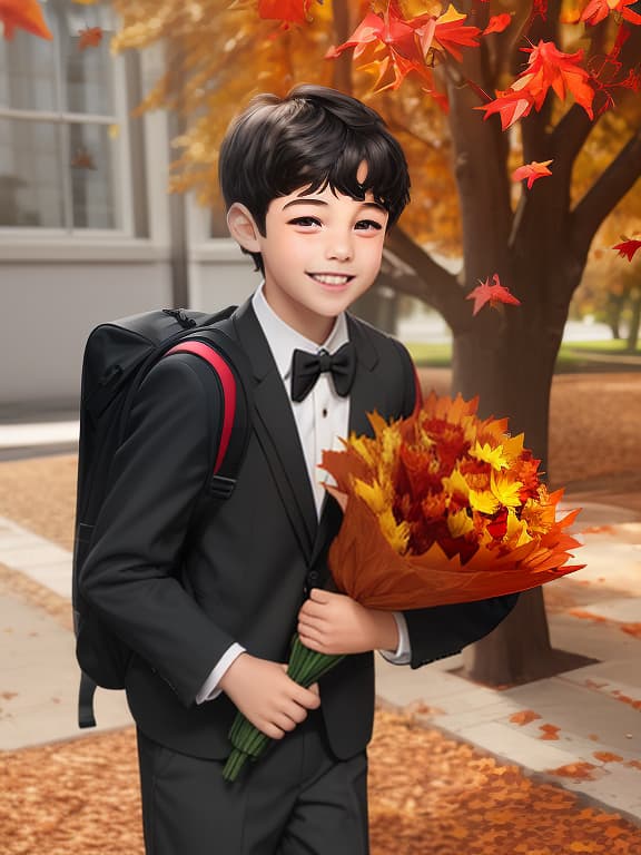  a joyful schoolboy in a black school uniform and a backpack with a bouquet with a red heart surrounded by autumn leaves and sunshine