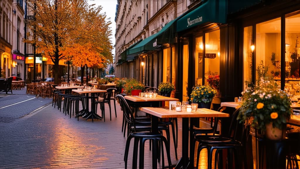  tables and chairs outside a restaurant, cute, cozy aesthetic, flowers on tables, cinematic paris, fall season, beautiful image, so cute, cozy, wandering, autumn, twilight on a city street, lush nature, shiny sidewalk, small, smoldering, city morning, illuminated ar 16:9 {prompt}, maximum details