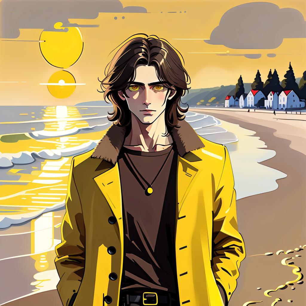  expressionist a young man stands on the beach. he has long dark brown hair that gently falls on his shoulders, and his face, with jewish and slavic features, exudes calmness, and brown eyes with circles beneath them. he is dressed in a bright yellow coat that immediately attracts attention and contrasts with the surrounding landscape. under the coat is a black shirt, and black pants are additionally decorated with yellow elements, creating a harmonious and stylish image. the sun sets over the horizon, shrouding everything around in warm, red shades, and bright red stripes along with soft light gently touch his face, emphasizing his features and creating a magical atmosphere. this moment stops in time, capturing the beauty of nature and the 