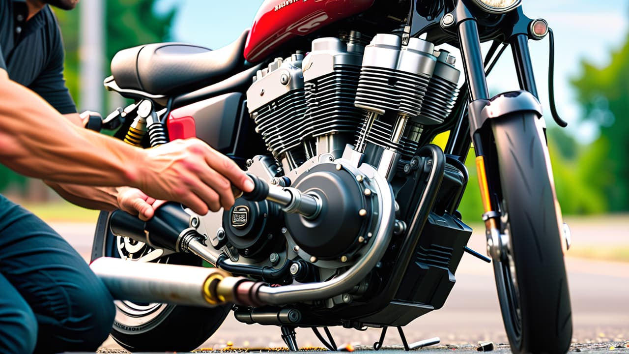  a close up of a motorcycle engine being serviced, tools scattered around, with a mechanic inspecting the spark plugs. in the background, a bicycle with a repair stand, showcasing both maintenance processes. hyperrealistic, full body, detailed clothing, highly detailed, cinematic lighting, stunningly beautiful, intricate, sharp focus, f/1. 8, 85mm, (centered image composition), (professionally color graded), ((bright soft diffused light)), volumetric fog, trending on instagram, trending on tumblr, HDR 4K, 8K