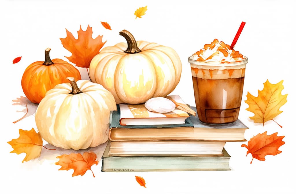  artwork featuring a stack of vintage books, surrounded by cream and pastel orange pumpkins, falling autumn leaves, and an iced pumpkin spice coffee ar 3:2, watercolor techniques, featuring fluid colors, subtle gradients, transparency associated with watercolor art