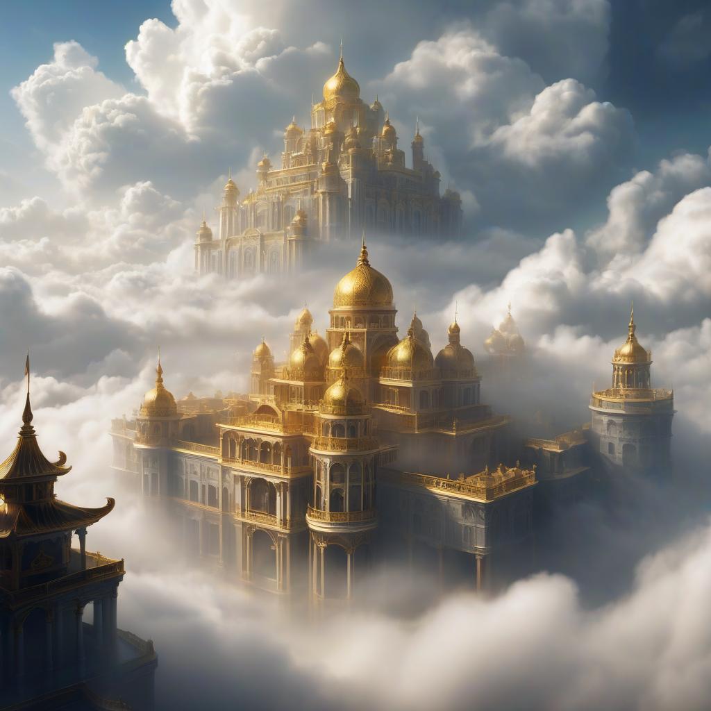  fog city. golden city. a large palace surrounded by clouds.