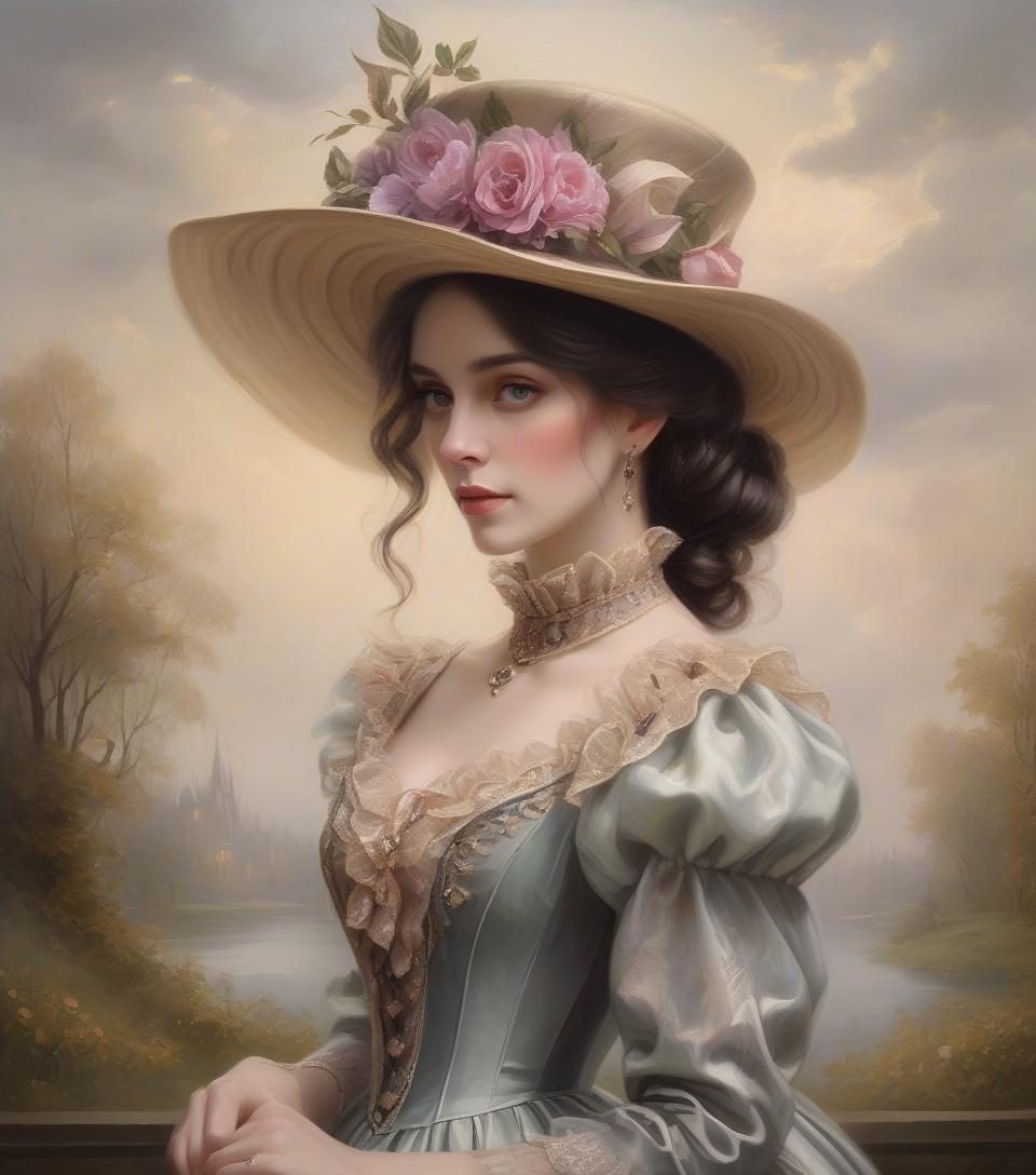  painting of a woman in a dress and hat of the victorian era, in the style of the 1850s, beautiful fantasy painting, romantic painting, fantasy style, elegant oil painting, elegant and exquisite painting, very beautiful fantasy painting, detailed 3d gothic romantic era, painting