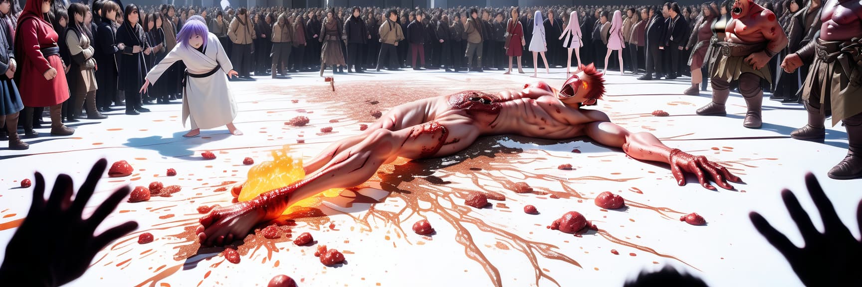  anime artwork view from the side: a of 18 casts a fireball lying on the floor all in white slimy sticky discharges and wounds, behind a crowd of ful goblins, in front 20 meters a large orc . anime style, key visual, vint, studio anime, highly detailed, hkmagic