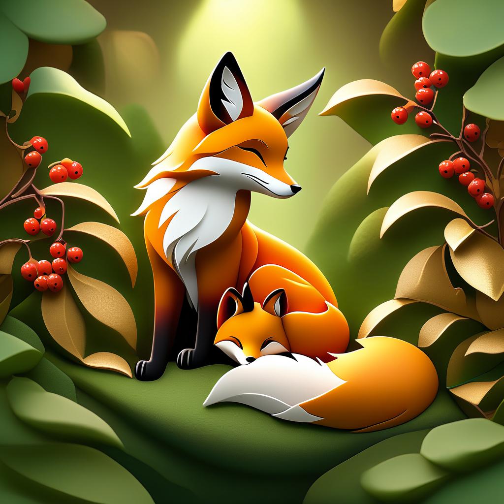  dreamscape (frame):gold round frame decorated with fancy oak leaves and rowan berries. (picture). animalism in fantasy style: little fox sleeping in the arms of big mum fox. appearance of a fox:sweetly sleeping curled up in a ball. (colours):orange, red, white, beige, gold, all shades of green, brown, brown gold. (style):animalism, fantasy, fairy tale, tenderness, kindness, calmness, cartoon . surreal, ethereal, dreamy, mysterious, fantasy, highly detailed, civitai, hkmagic hyperrealistic, full body, detailed clothing, highly detailed, cinematic lighting, stunningly beautiful, intricate, sharp focus, f/1. 8, 85mm, (centered image composition), (professionally color graded), ((bright soft diffused light)), volumetric fog, trending on instagram, trending on tumblr, HDR 4K, 8K