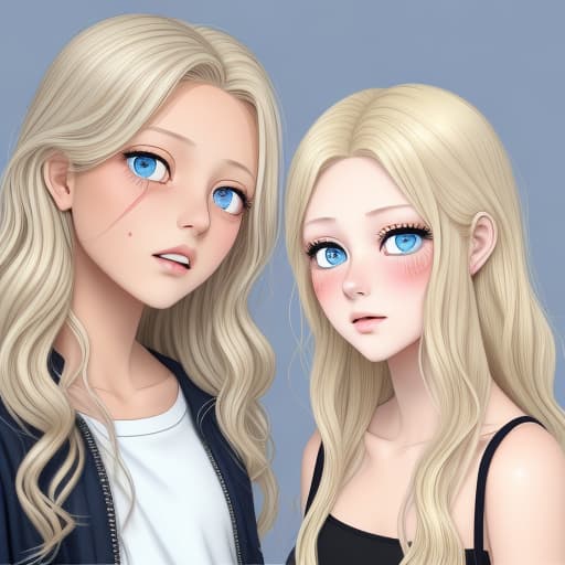  Two ager a and a girl ing. The girl has long blond platine wavy hair and shining blue eyes wearing modern clothes she has a white skin. The has a tanned skin, short black kind of curly hair and brown eyes. He is surprised by the and is blushing