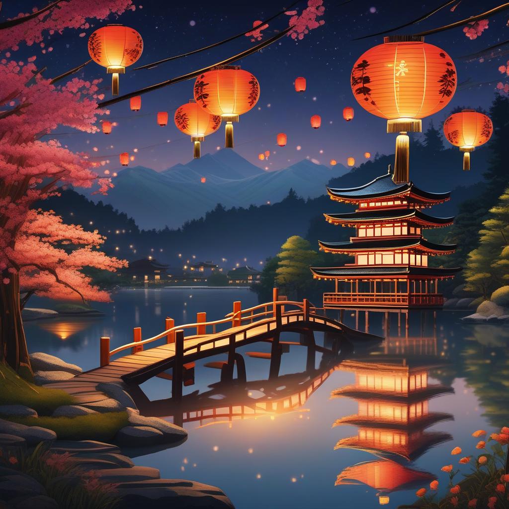  masterpiece, best quality, (Fidelity: 1.4), Best Quality, Masterpiece, Ultra High Resolution, 8k resolution, A night view inspired by Japanese art, featuring a garden illuminated by paper lanterns and a wooden bridge spanning a tranquil lake, by the lakeside, there is a small Zen temple. The water reflects the starry sky.