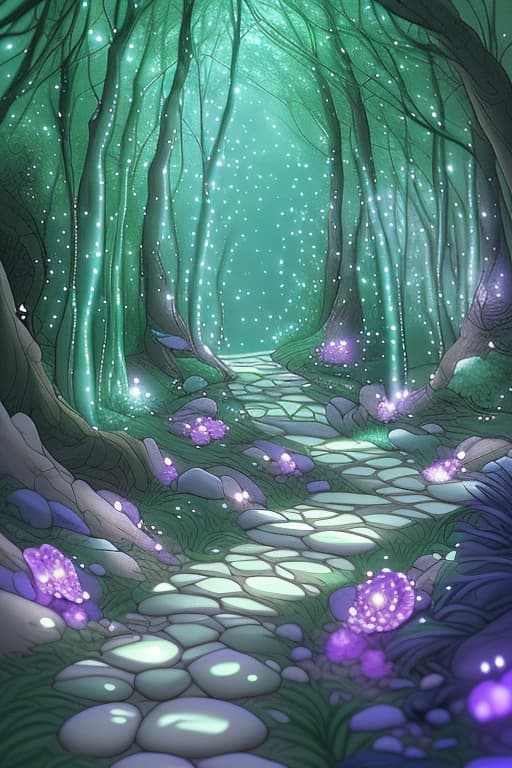  The Magical Pathway **Scene:** Whiskers finds a hidden, glowing path in the forest, lined with sparkling stones and mystical flowers. **Narrative:** As she entered the forest, Whiskers discovered a hidden trail illuminated by glowing stones. The air was filled with a soft melody, and she felt as though the forest itself was guiding her.