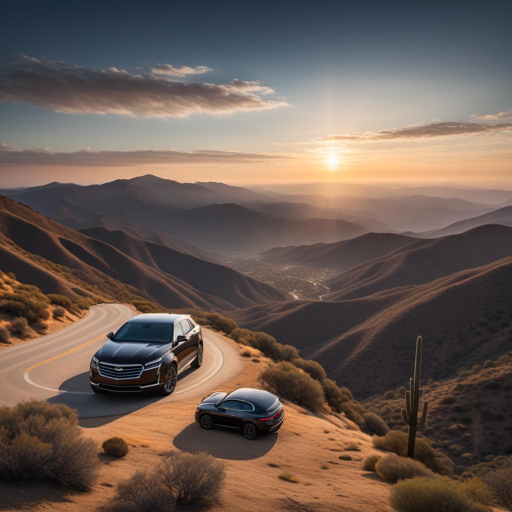  A silhouette of a man with dark skin standing beside a car on top of a mountain in Southern California, looking at the sky with hands raised in praise. The scene captures a beautiful sunset with rays of light flowing down the mountains and into the valley below. hyperrealistic, full body, detailed clothing, highly detailed, cinematic lighting, stunningly beautiful, intricate, sharp focus, f/1. 8, 85mm, (centered image composition), (professionally color graded), ((bright soft diffused light)), volumetric fog, trending on instagram, trending on tumblr, HDR 4K, 8K