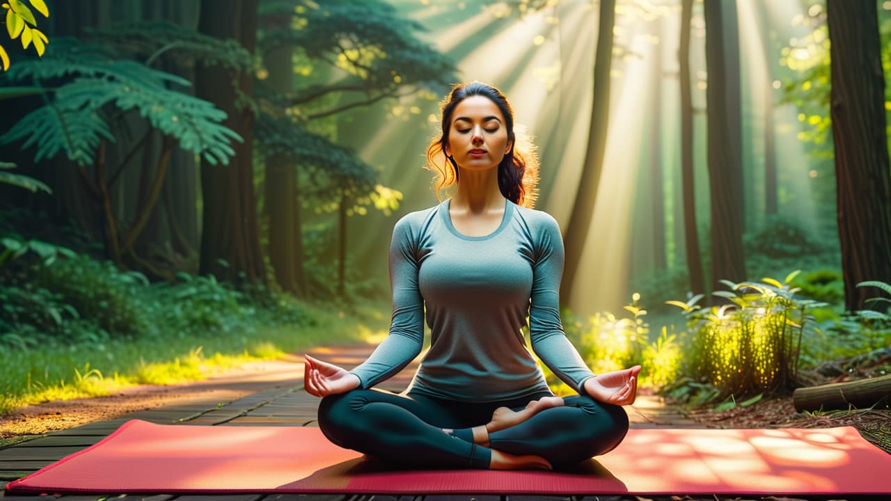  a serene sunrise scene of a person meditating on a yoga mat, surrounded by nature, with a timer showing seven seconds, soft morning light illuminating their peaceful expression and gentle surroundings. hyperrealistic, full body, detailed clothing, highly detailed, cinematic lighting, stunningly beautiful, intricate, sharp focus, f/1. 8, 85mm, (centered image composition), (professionally color graded), ((bright soft diffused light)), volumetric fog, trending on instagram, trending on tumblr, HDR 4K, 8K