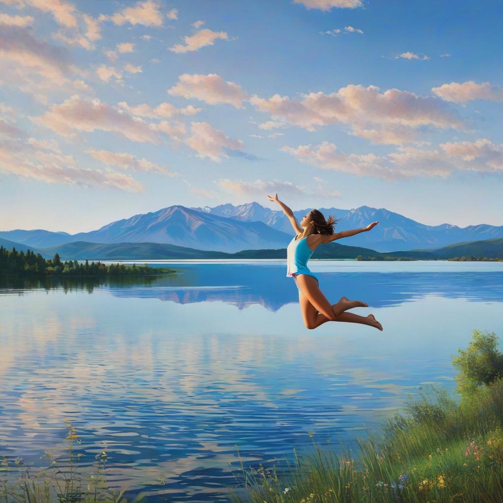  girl, jumping in the air, lake, relationship graph, award winning, professional, highly detailed, masterpiece