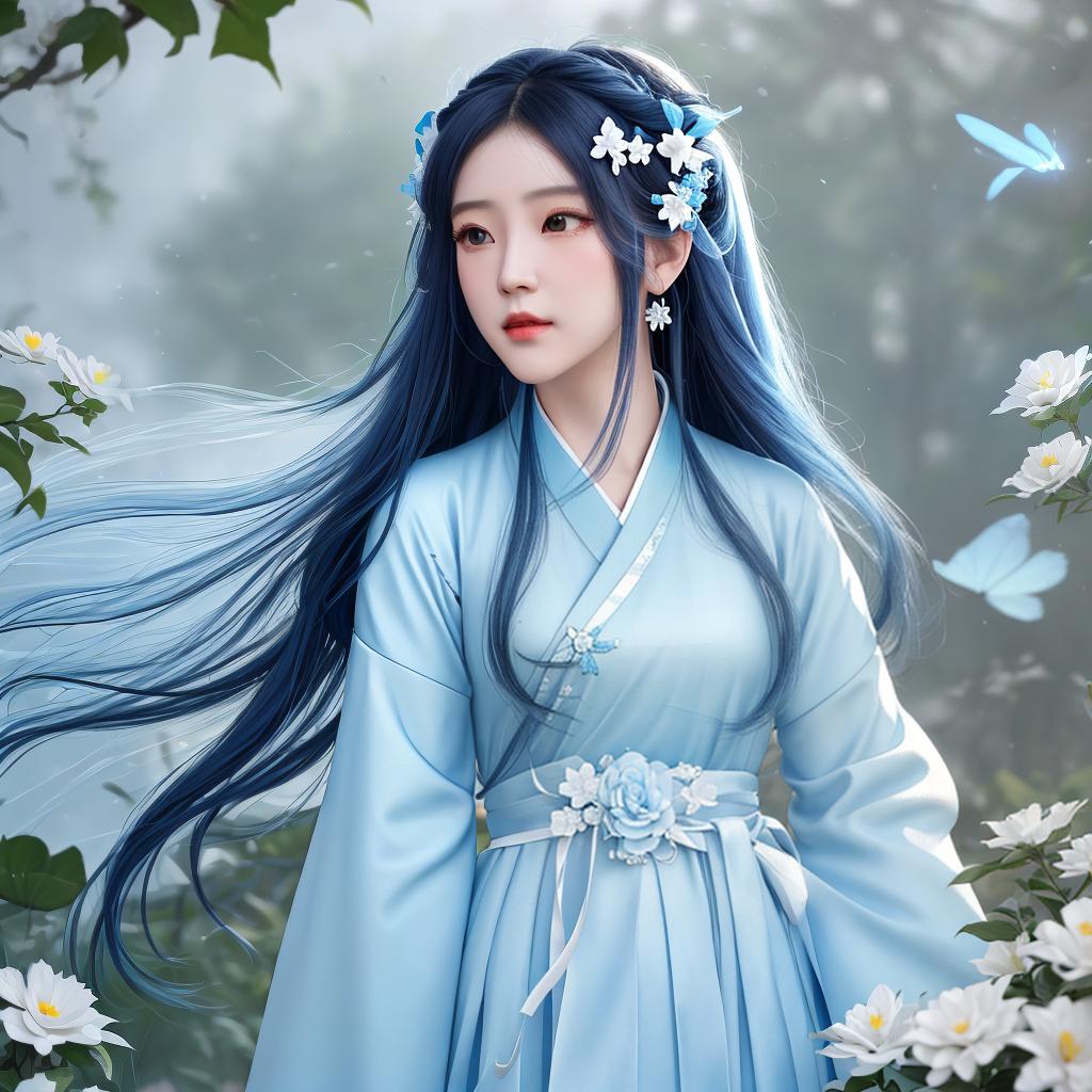  masterpiece, best quality, (Fidelity: 1.4), Best Quality, Masterpiece, Ultra High Resolution, Poster, Fantasy Art, Very Detailed Faces, 8k resolution, Chinese Style, An woman, Side Face, Quiet, Light Blue Hanfu, Tulle Coat, Long Black Hair, Light Blue Fringed Hair Ornament, Hairpin, White Ribbon, White Flower Bush, Light Blue Butterfly Flying, cinematic lighting effects