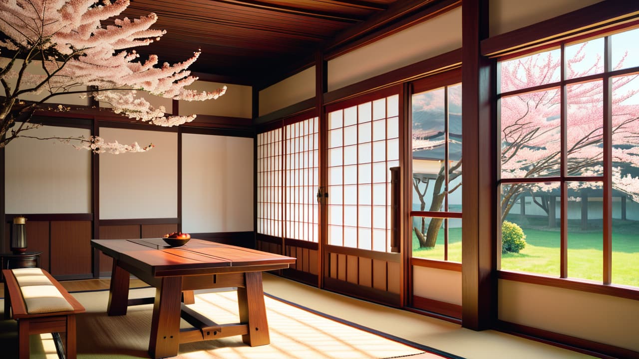  a serene japanese workshop showcasing traditional sashimono woodworking: intricate wooden joints, elegant tools, and finely crafted furniture pieces, surrounded by natural light filtering through shoji screens and cherry blossom trees outside. hyperrealistic, full body, detailed clothing, highly detailed, cinematic lighting, stunningly beautiful, intricate, sharp focus, f/1. 8, 85mm, (centered image composition), (professionally color graded), ((bright soft diffused light)), volumetric fog, trending on instagram, trending on tumblr, HDR 4K, 8K