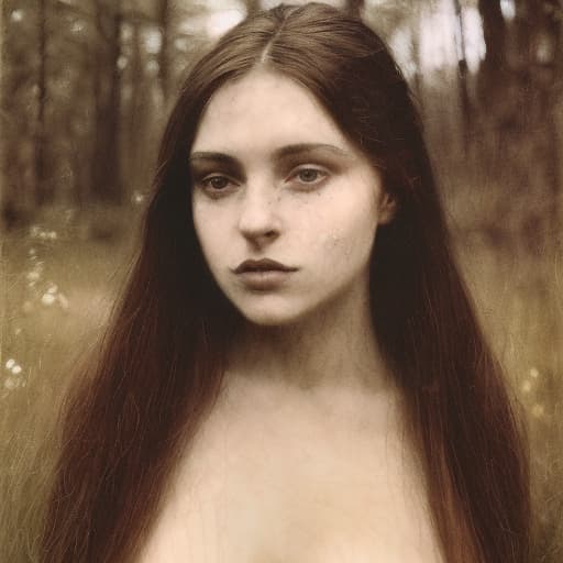 analog style Highly detailed moody dark Portrait of a breathtakingly lovely, wild Witchling nymph deep in the woods painted by John William Waterhouse andRembrandt. She has a beguiling face and is looking directly at the viewer. Her eyes are breathtakingly lovely, engaging and mysterious. She has long, wild, unkempt dark hair. Gorgeous, highly detailed , ornate composition using the golden ratio.