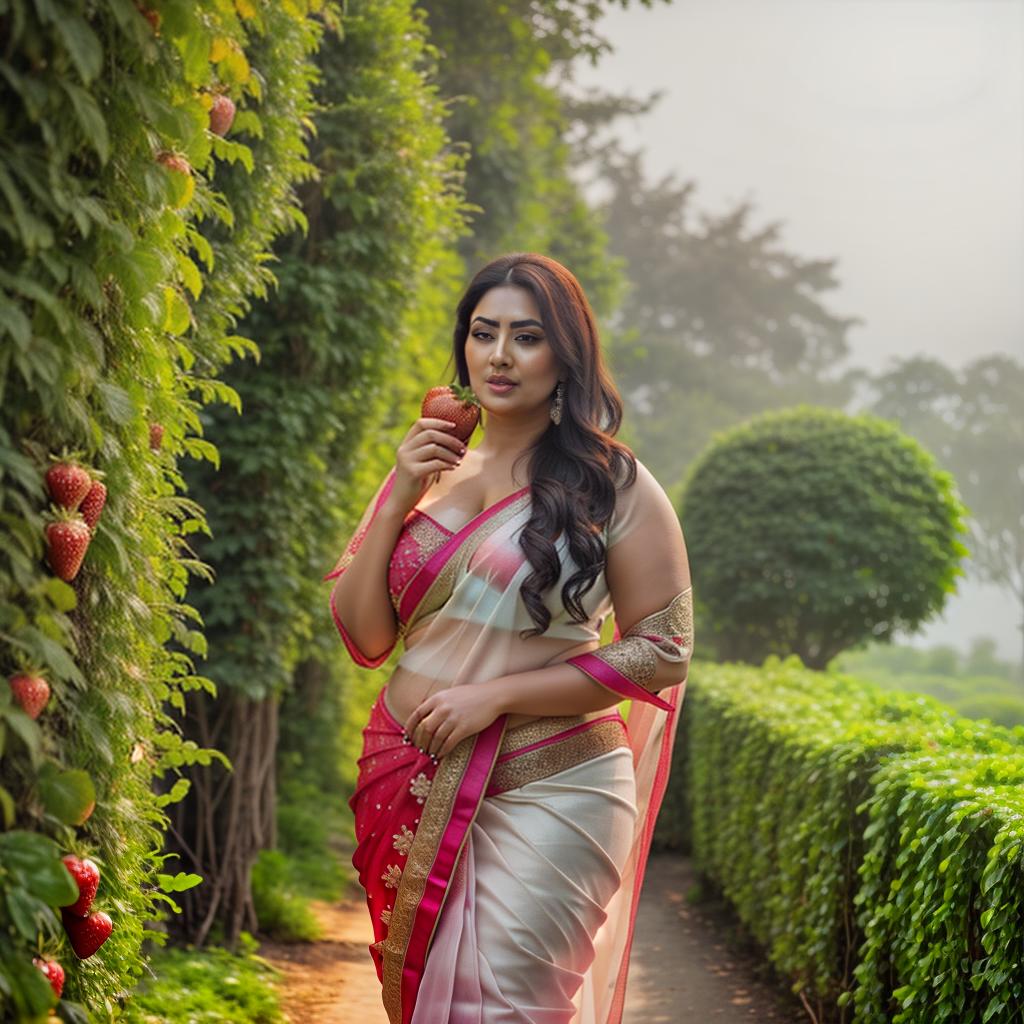  A Huge chubby Woman holding  strawberry in Hand, Saree and pallu, Clean face, strawberry Trees, No saturation, low vibrant hyperrealistic, full body, detailed clothing, highly detailed, cinematic lighting, stunningly beautiful, intricate, sharp focus, f/1. 8, 85mm, (centered image composition), (professionally color graded), ((bright soft diffused light)), volumetric fog, trending on instagram, trending on tumblr, HDR 4K, 8K