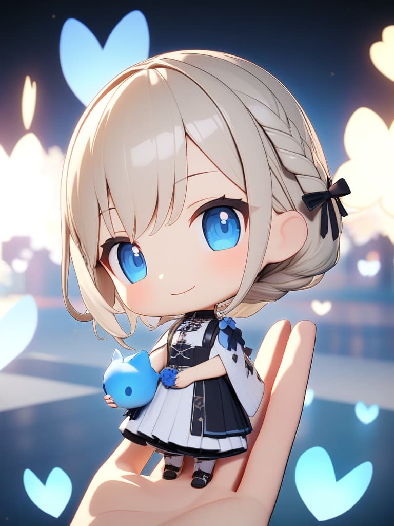  masterpiece, ((chibi character)), (((3d))), {(((light beige hair color))), (((side braided hairstyle)))}, blue eye color, smiling face, (((one nemophila in hand: 1.2))), white gothic clothing, the whole body, high quality, super resolution, 16k