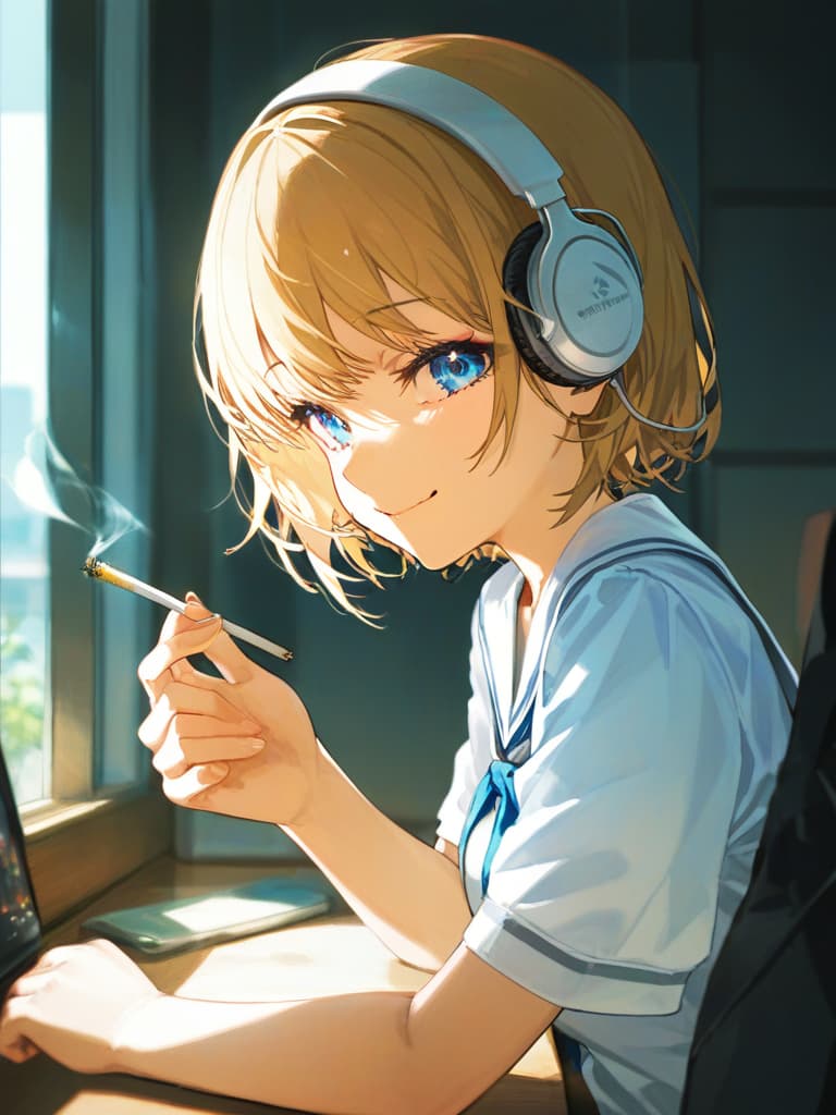  headphones, whole body, blue eyes, blonde bob cut s, white pleated s, white sailor uniforms, s who smoke spider nest on the left arm, with purple rose on the left , a cigarette, smiling, masterpiece, best quality,8k,ultra detailed,high resolution,an extremely delicate and beautiful,hyper detail