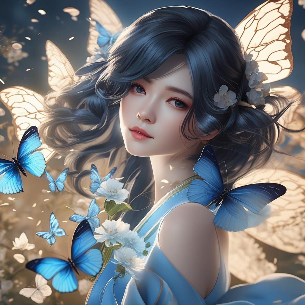  masterpiece, best quality, (Fidelity: 1.4), Best Quality, Masterpiece, Ultra High Resolution, Poster, Fantasy Art, Very Detailed Faces, 8k resolution, Chinese Style, An woman, Side Face, Quiet, Light Blue Hanfu, Tulle Coat, Long Black Hair, Light Blue Fringed Hair Ornament, Hairpin, White Ribbon, White Flower Bush, Light Blue Butterfly Flying, cinematic lighting effects