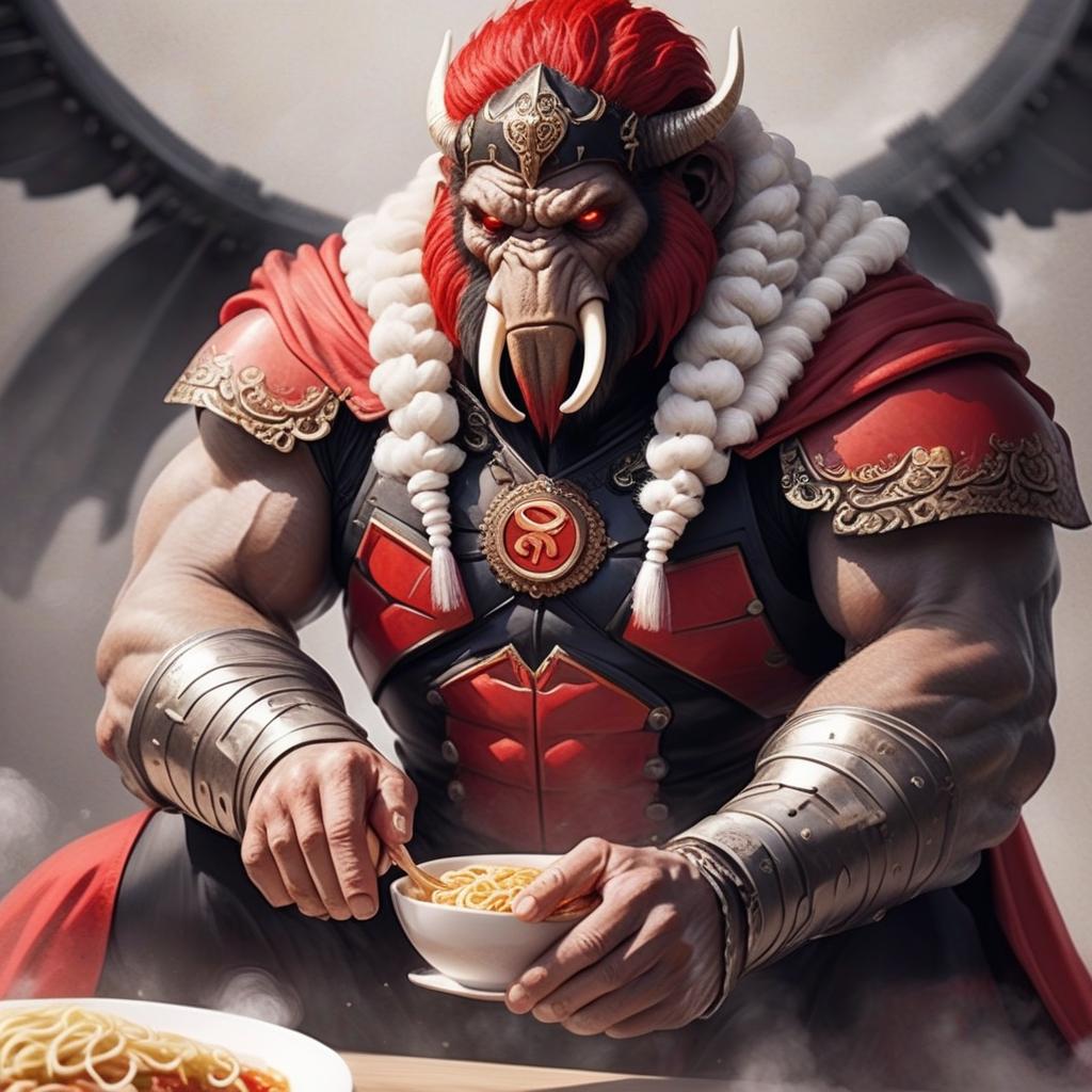  renaissance style mammoth superhero in black and red mafia suit on white background shoots at plate of ramen . realistic, perspective, light and shadow, religious or mythological themes, highly detailed, perfecteyes, perfect hands