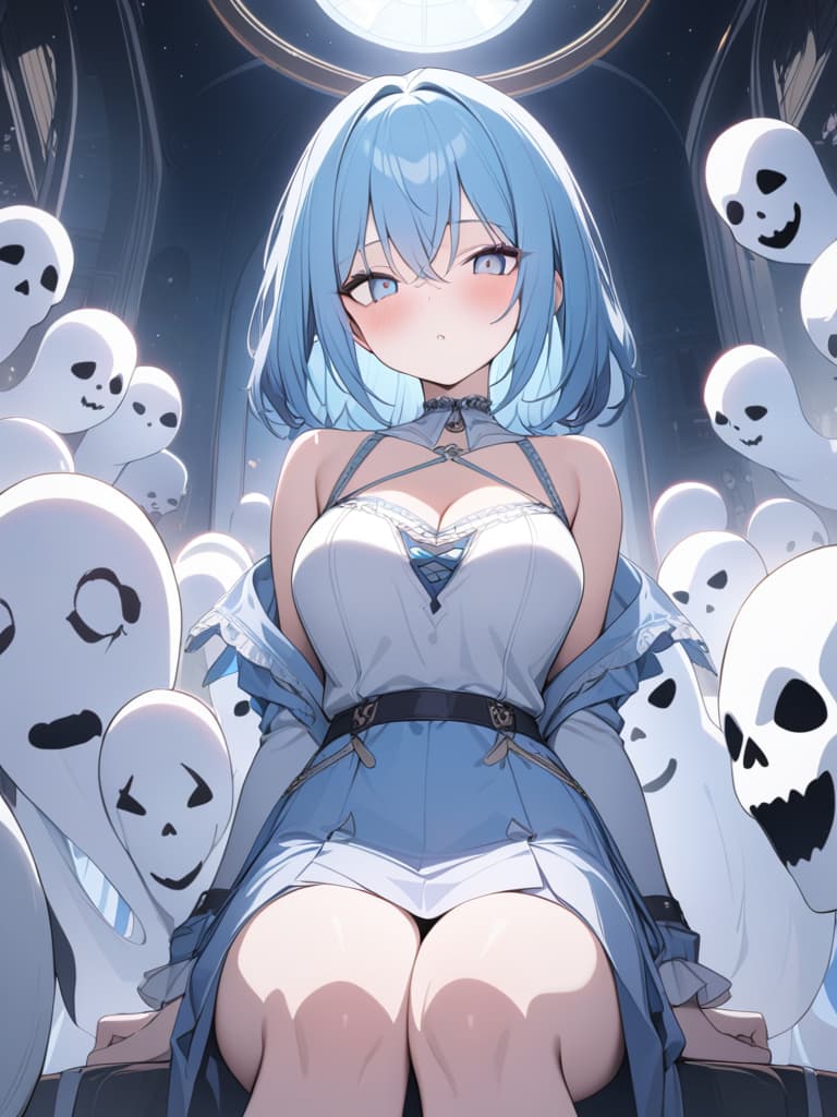  halloween, zombies, light blue, light blue hair, bob hair, ghosts, masterpiece, best quality,8k,ultra detailed,high resolution,an extremely delicate and beautiful,hyper detail