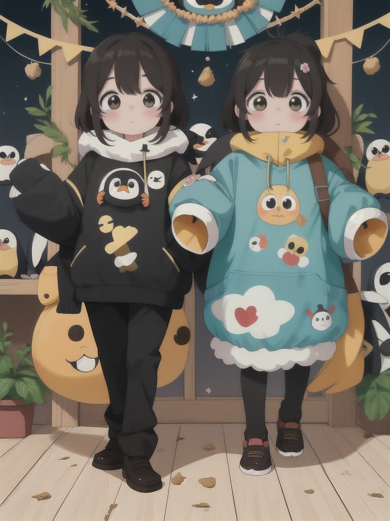  Penguin, Yuru Chara, Mascot, Beautiful Beauty couple, 💩: 1.5, 💩, 💩, 💩, 💩, 💩,, masterpiece, best quality,8k,ultra detailed,high resolution,an extremely delicate and beautiful,hyper detail