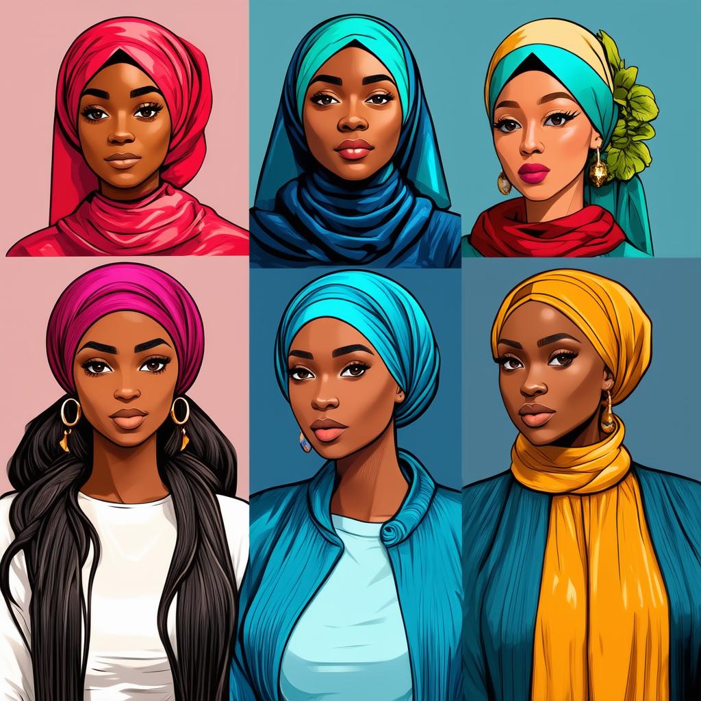  different beauty. set of different female heads in headscarf. different races and nationalities. colored hand drawn illustration {prompt}, maximum details