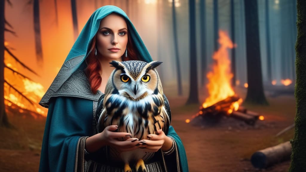  Forest fortune teller with an owl on her shoulder, against the backdrop of a forest and a fire ar 16:9 high quality, detailed intricate insanely detailed, flattering light, RAW photo, photography, photorealistic, ultra detailed, depth of field, 8k resolution , detailed background, f1.4, sharpened focus
