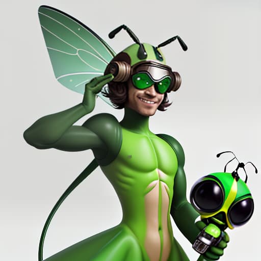  cute cartoon insect beetle character with a green body, big expressive eyes and a smile on his lips. on his head he has a huge brown helmet with goggles, giving him an adventurous look. the insect beetle stands confidently holding a blaster, he has graceful wings and long tendrils. the background is simple and bright inside the starship to emphasize the charm of the funny character with the weapon.