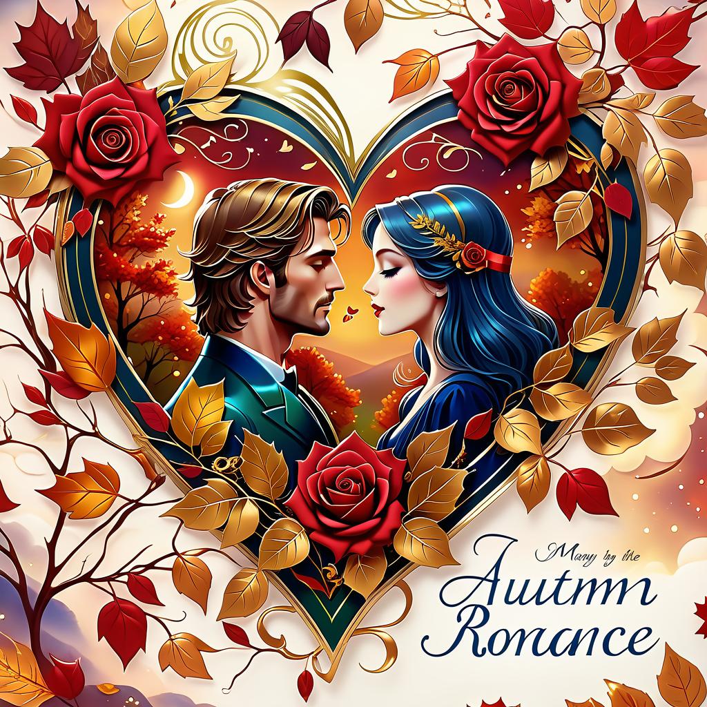  dreamscape (postcard background):falling autumn leaves, red roses, saxophone, satin ribbon, inscription "autumn romance" , retro, vintage, greeting card. autumn in the heart, (beautiful couple):man and woman, two faces in profile, heart scarlet rose (heart), beautiful figure of maple leaves outlines in the shape of a heart. (heart colour):night sky background, gold pattern. (style):fantasy, autumn art, autumn romance. (colours):gold, green gold, navy blue, red, red gold, brown gold, silver, golden blue, bluish blue. . surreal, ethereal, dreamy, mysterious, fantasy, highly detailed