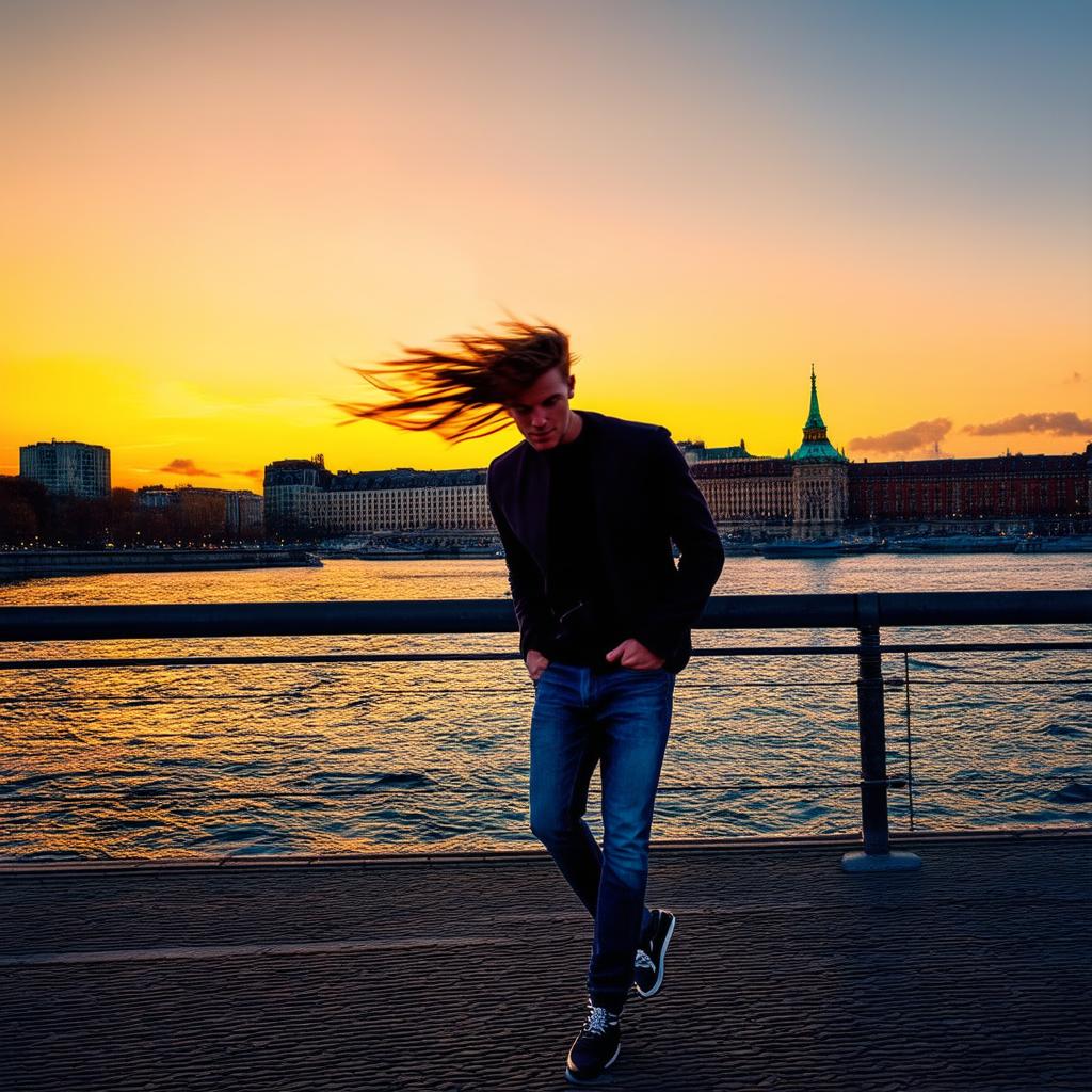  random photo effect of a young upset man in the wind at sunset on the embankment. travel {prompt}, maximum details