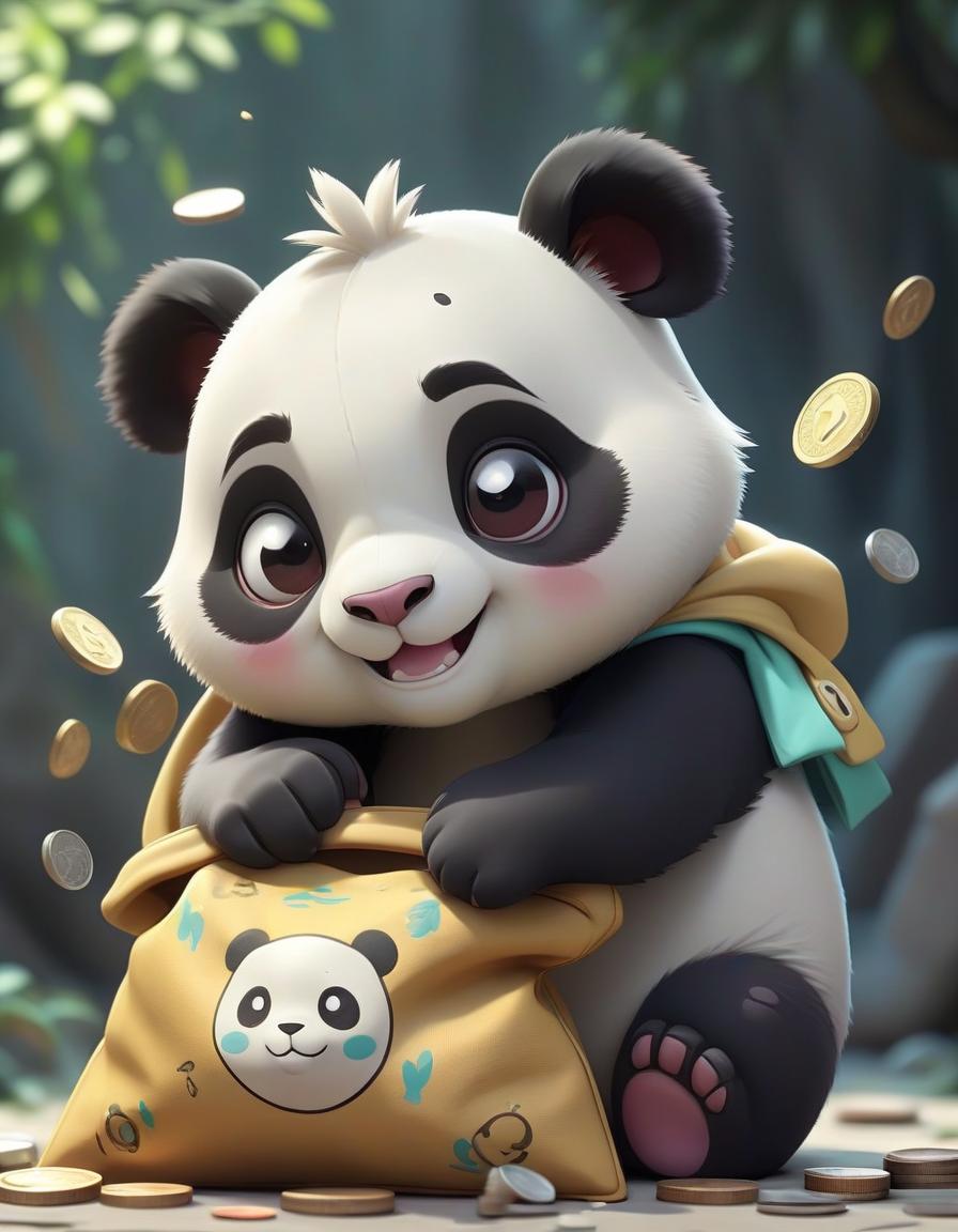  pokémon style a small cartoon panda hugs one bag with a slight smile, and coins are scattered nearby. . vibrant, cute, anime, fantasy, reminiscent of pokémon series