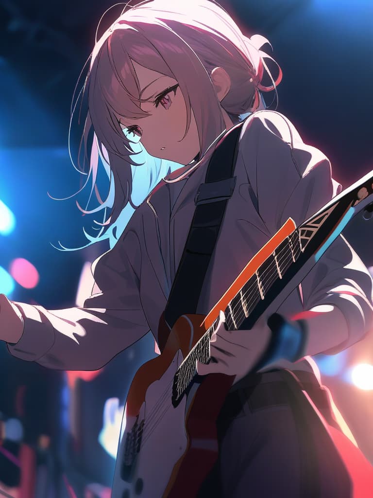  (girl){rock band,playing (((playing electric guitar:1.8))) close up,live music venue (background blur effect)}super detail,high resolution,absurd,employed,