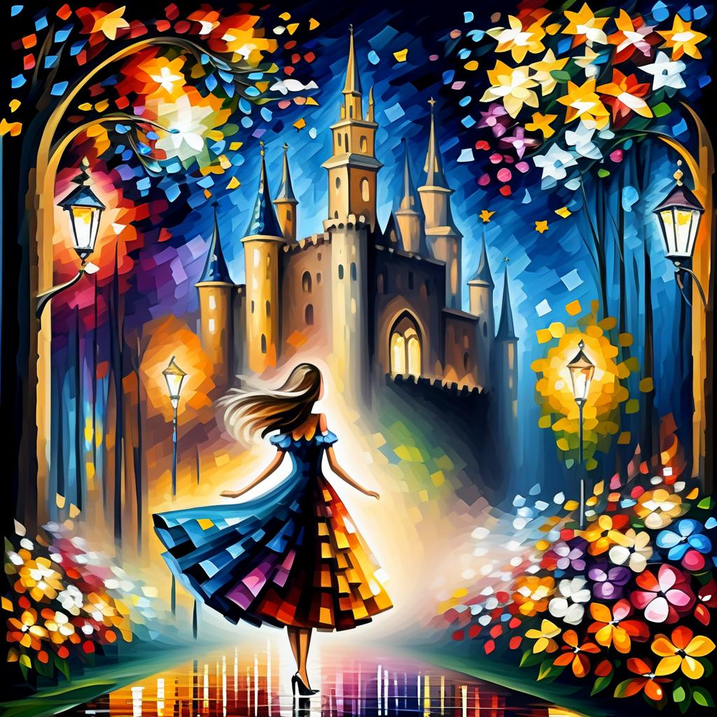  (style of leonid afremov:1.5), fantasy world with pixies and flowers, a castle with many flowers, flying pixi girl, pixi dressed in a dress made of flowers, in clothes made of flowers, forest of flowers, alley of flowers in the forest, dream, wings of flowers, night and stars, epic realism, anime features, dark fantasy, abstract horror, desaturated color palette, gothic and renaissance aesthetic,