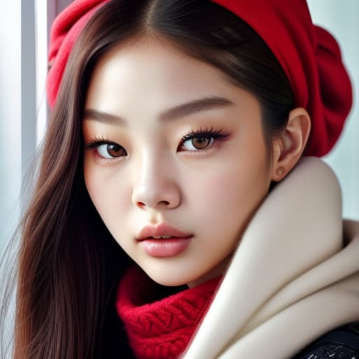  (--Style Photoralism, Jennie Kim) a close up of a woman with a red scarf on, blackpink jennie, popular south korean makeup, portrait of female korean idol, popular korean makeup, beautiful south korean woman, harpers bazaar, harper's bazaar, beautiful oriental woman, korean face features, dior campaign, korean audrey hepburn, vogue journal cover, inspired by Zhang Shuqi, detailed face of a asian girl