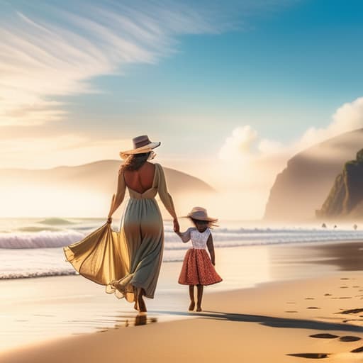  A mom and her are on the beach. hyperrealistic, full body, detailed clothing, highly detailed, cinematic lighting, stunningly beautiful, intricate, sharp focus, f/1. 8, 85mm, (centered image composition), (professionally color graded), ((bright soft diffused light)), volumetric fog, trending on instagram, trending on tumblr, HDR 4K, 8K