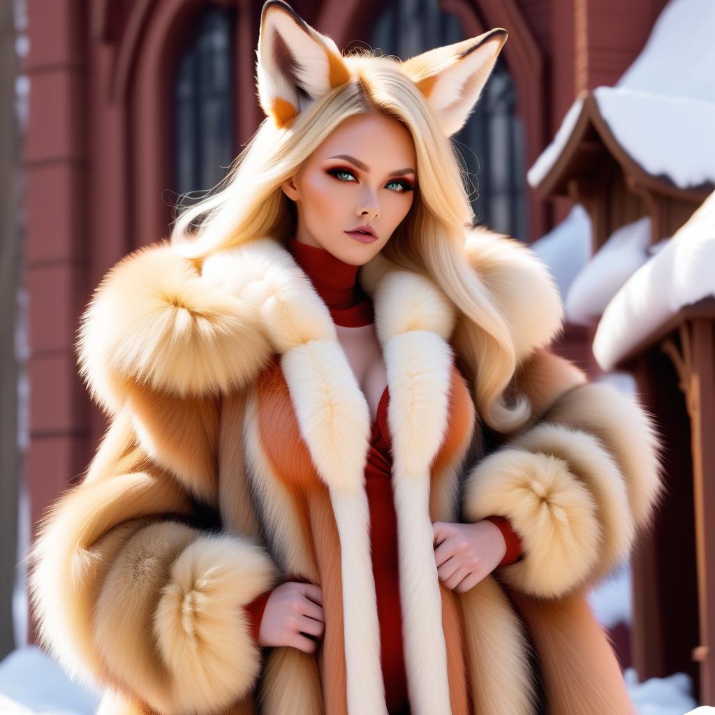  low stature, blonde goddess fox, very huge , very huge , big fluffy ears, and a giant fluffy tail, haircut kare, and fluffy fur on the , , dressed in a large long furry fur coat