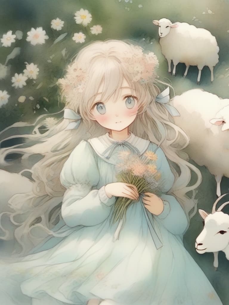  masterpiece,solo,sheep beast girl,fluffy hair,long curly hair,delicate light beige hair color,light shining through,delicate light blue eye color,old style,lace round neck collar,long puff sleeves,ribbon,fuzzy dress dress,wide hem,(((pastel color))),gentle colors,cosmos flowers,high quality,16k