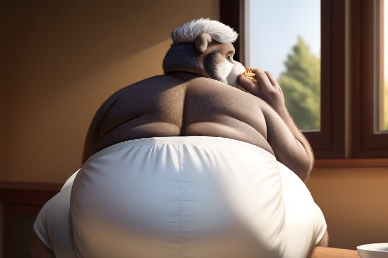  elderly male, gainer, eating food, big belly, wearing only a soiled diaper, back view, open eyes, masterpiece, 4k, fine details,