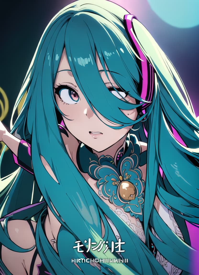  (masterpiece, best quality, highres:1.2), (intricate and beautiful:1.2), (detailed light:1.2), (colorful, dynamic angle), upper body shot, fashion photography of cute, intense long hair, (hatsune miku), dancing pose, flirting with pov, dynamic pose, soft moonlight passing through hair, (abstract colorful art background:1.3), (official art), (cinematic)