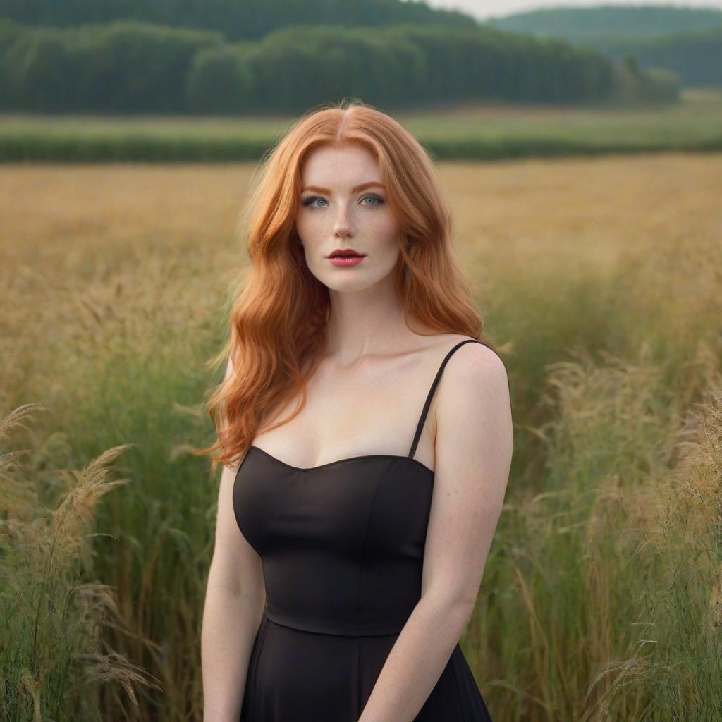  cinematic photo a redheaded in a black dress in a field with beautiful eyes and a of 3 sizes looking towards . 35mm photograph, film, bokeh, professional, 4k, highly detailed, film photography style hyperrealistic, full body, detailed clothing, highly detailed, cinematic lighting, stunningly beautiful, intricate, sharp focus, f/1. 8, 85mm, (centered image composition), (professionally color graded), ((bright soft diffused light)), volumetric fog, trending on instagram, trending on tumblr, HDR 4K, 8K