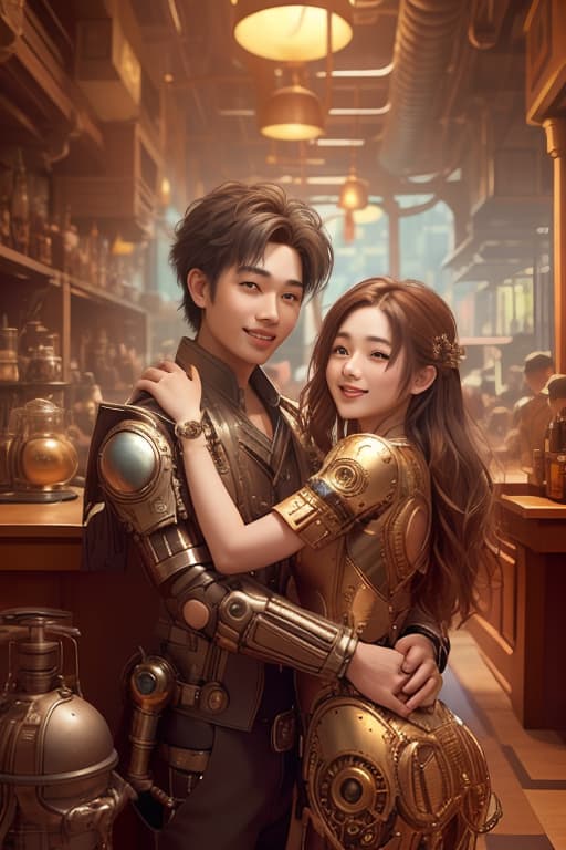  asian boy and girl hugging each other in a coffee shop, both smiling happily. in the foreground is a coffee machine., meccog,cog,the photograph has a cinematic quality to it, with dramatic lighting that emphasizes the beauty of the model advertising photo,high quality, good proportion, masterpiece , the image is captured with an 8k camera