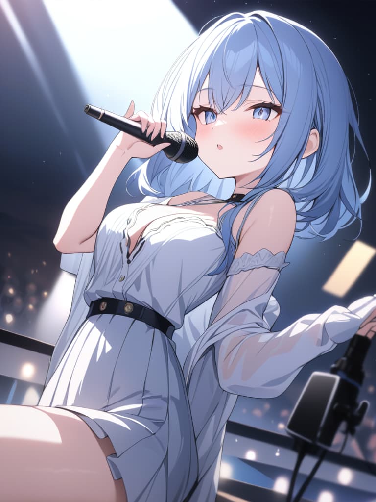  light blue hair, light blue, bob hair, singer, very popular, outdoor live, microphone, penlight, masterpiece, best quality,8k,ultra detailed,high resolution,an extremely delicate and beautiful,hyper detail