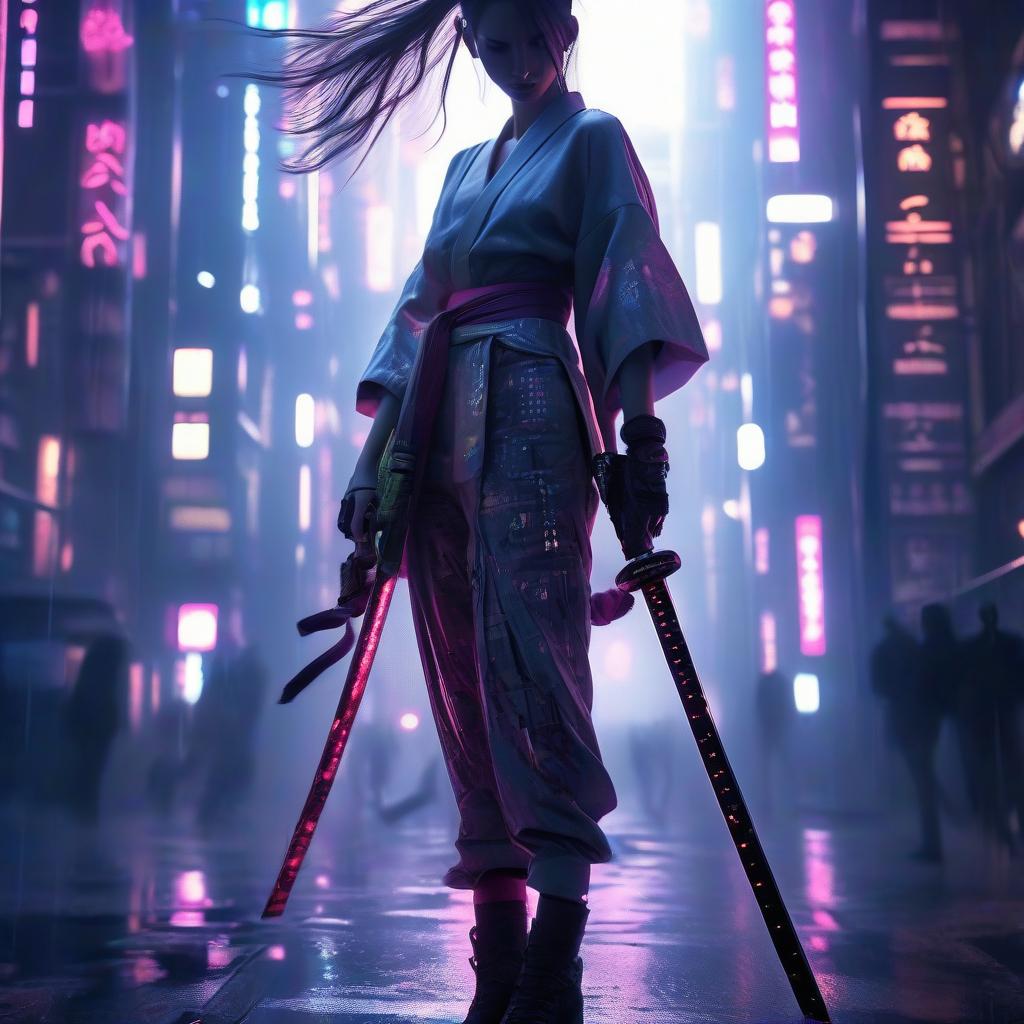  a slender athletic girl with long legs, very high heeled shoes, in her hand a long samurai katana sword, hair tied in a ponytail, in the style of japanese cyberpunk, in bangkok, photo below, in the style of christopher nolan, high quality photography, in an epic pose, glowneon