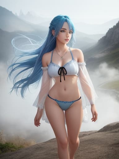  A barefoot girl Blue hair , barefoot , grey eyes,long jins , with a cowboy, High quality, High resolution, highly detailed, cinematic lighting, intricate, sharp focus, (centered image composition), (professionally color graded), ((bright soft diffused light)), volumetric fog, trending on instagram, HDR 4K, 8K