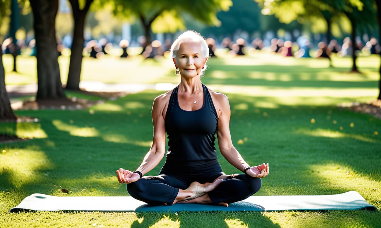  cinematic photo yoga in the park for the elderly . 35mm photograph, film, bokeh, professional, 4k, highly detailed