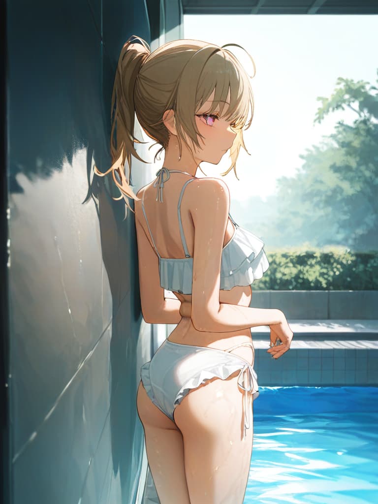  white headphones, white swimwear, poses that show your back, poses hanging on the wall, snake tattoo on , white frill pareo, whole body, foot, pool, black wings on the back, standing, blonde ponytail, masterpiece, best quality,8k,ultra detailed,high resolution,an extremely delicate and beautiful,hyper detail