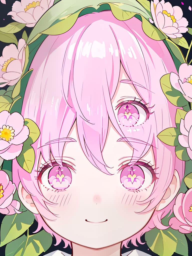  (masterpiece), (maximum quality), very detailed, 1 boy, one person shooting, perfect face, beautiful face, very detailed face, (pink hair: 1.3), (short hair: 1.4), (big eyes : 1.4), (long eyelashes: 1.4), (pink eyes: 1.3), many flowers, petals, (smiling: 1.3)