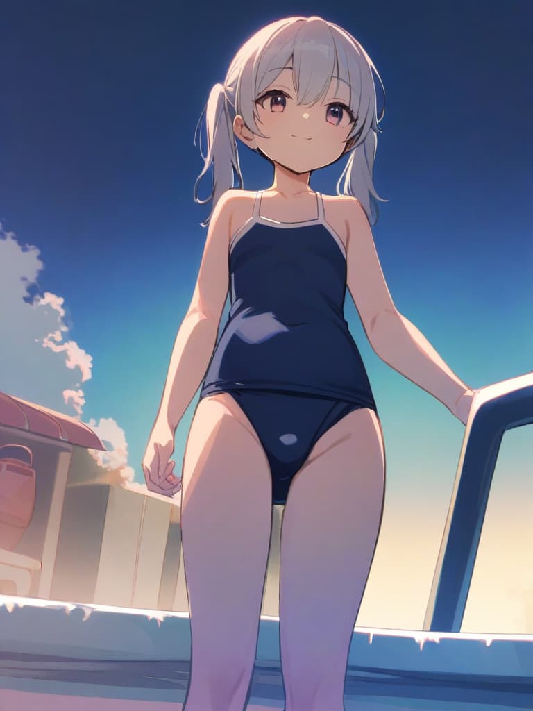  women's elementary students (male), twin tails, cute smiles, (rich s), short stature, dark blue swimwear, old swimwear, swimwear, simple, (upward), upward, (bulge), front, whole body, pool side ,,,