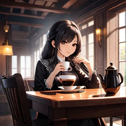  a woman in her 30s enjoying a cup of coffee at her dinner table. hyperrealistic, full body, detailed clothing, highly detailed, cinematic lighting, stunningly beautiful, intricate, sharp focus, f/1. 8, 85mm, (centered image composition), (professionally color graded), ((bright soft diffused light)), volumetric fog, trending on instagram, trending on tumblr, HDR 4K, 8K